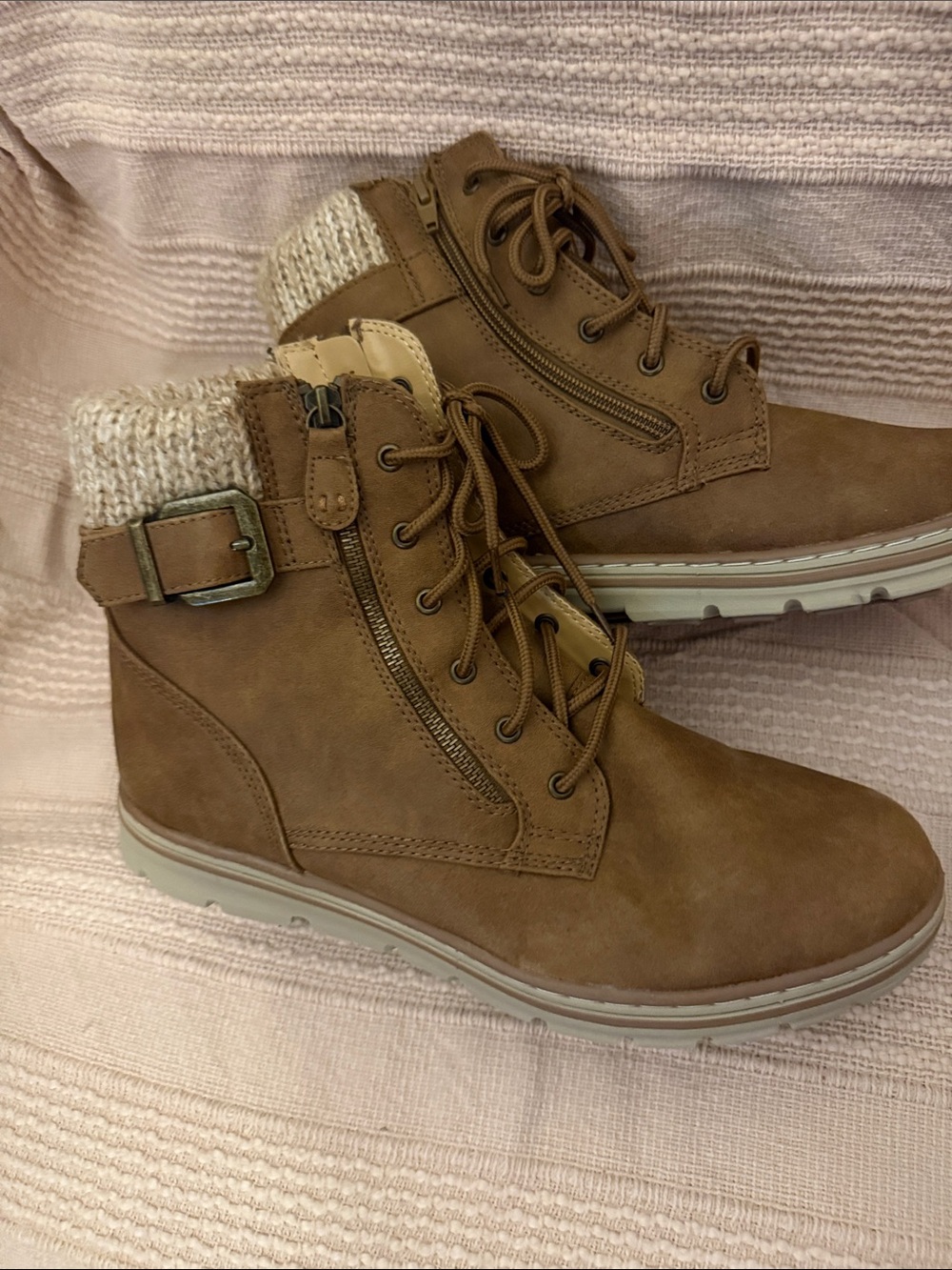 Clif’s Women's Tan Lace-Up Knit-Cuff Ankle Boots. Warm and comfortable!